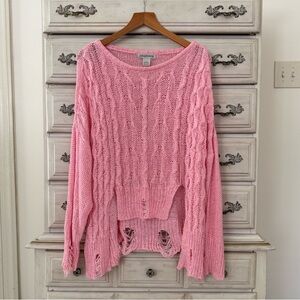 Bubblegum Pink Distressed Cable Knit Sweater